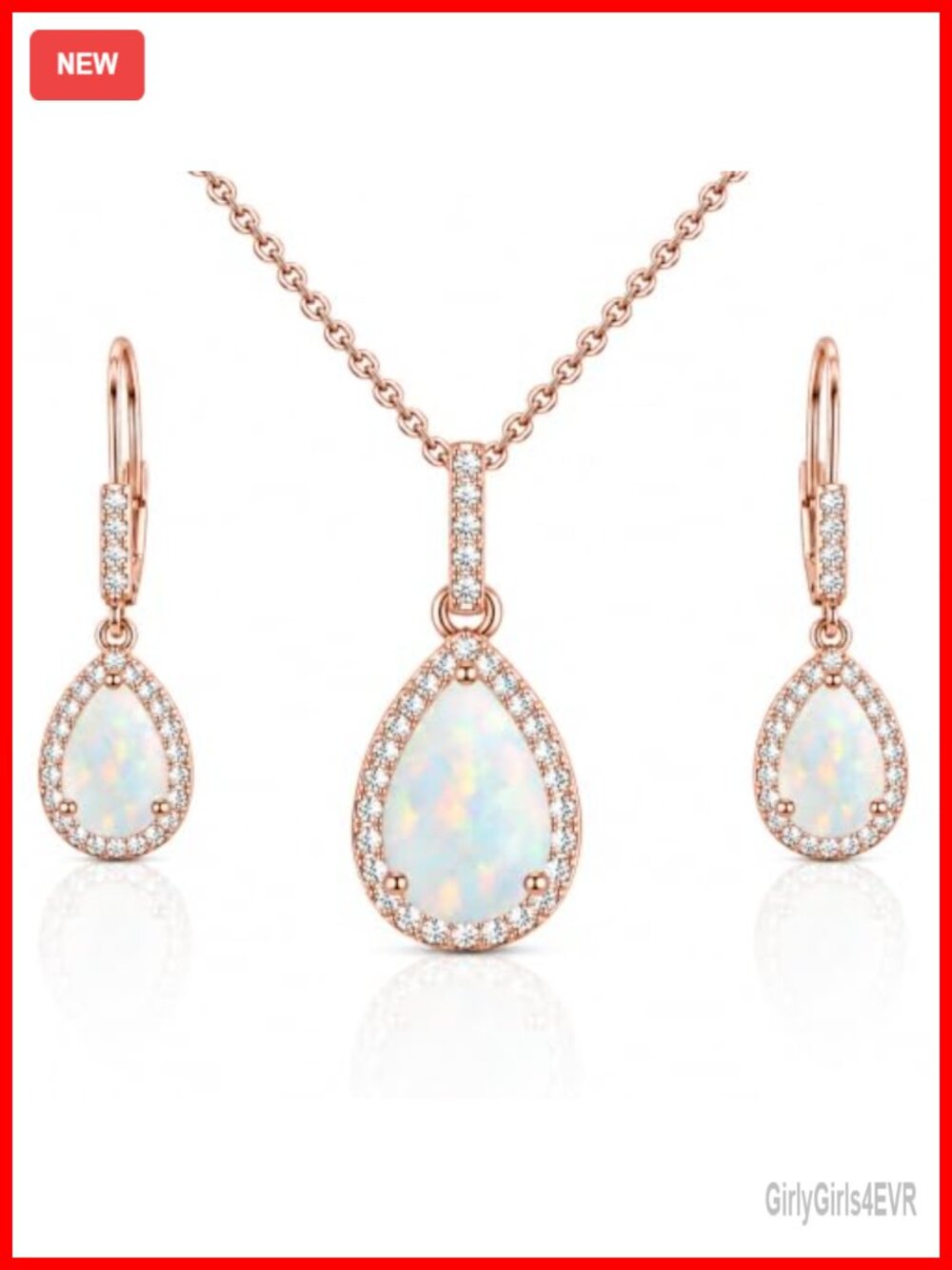 Sterling Silver Rose Gold Flashed Opal Necklace and Earring Set Pear Cut Halo